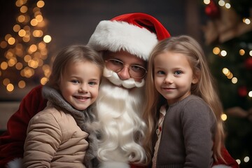 Fototapeta na wymiar Portrait of two cute girls with Santa Claus.