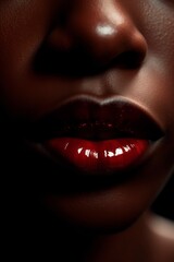 Translucent lip gloss, lips close up, dark skin in high detail. Generative AI.