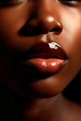 Translucent lip gloss, lips close up, dark skin in high detail. Generative AI.