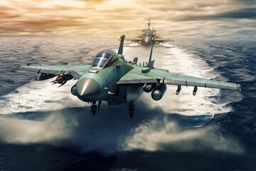Group of air force fighters flying over the ocean at low altitude, beautiful sky on the background. Jet military aircraft patrols territory, makes training flight. Close-up aerial view. 3D rendering.