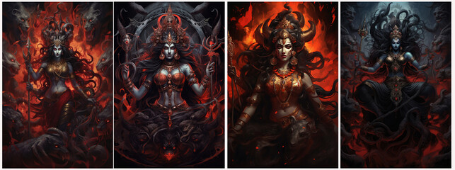 Set of KALI, god of Hindu mythology. Created with Generative AI technology.