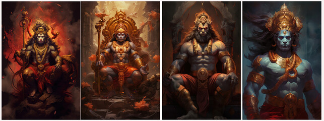 Set of HANUM, god of Hindu mythology. Created with Generative AI technology. - obrazy, fototapety, plakaty