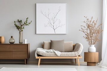 Scandinavian home interior design with mock up poster map, wooden commode, cube, sofa, flowers in vase, and elegant personal accessories. Modern home staging template. Japandi style.