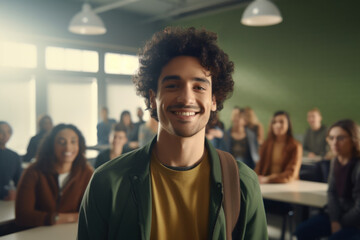 Young Hispanic student man smiles joyfully in a multiethnic classroom.