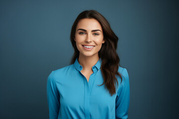Fototapeta premium Generative AI illustration of amazing self confident agent woman with attractive stylish hairdo posing over colorful background