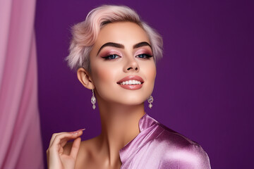 Generative AI portrait adorable young charming luxury woman fashionable party dress code isolated purple background