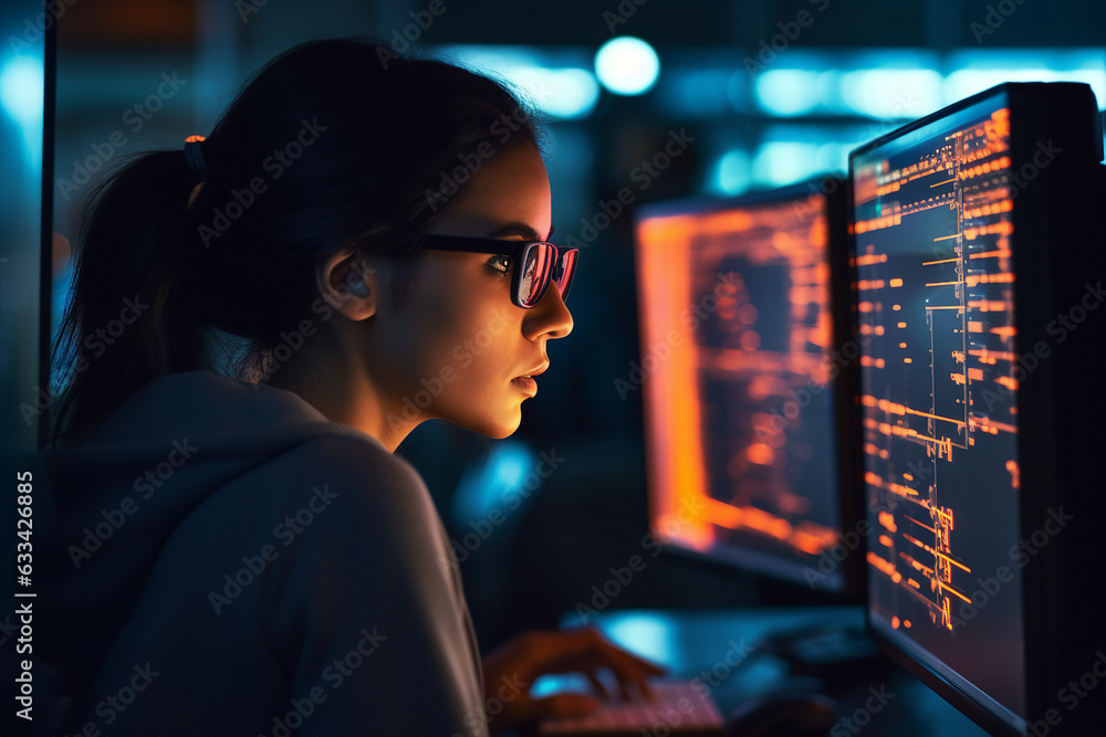 Poster generative ai collage photo of professional it specialist using device writing code computer network