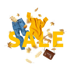 Autumn sale Fall shopping. Cut out yellow flying women's knitted sweater blue jeans leather bag golden autumn leaves isolated on white background. With clipping path. Creative clothing concept