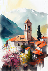 Montenegro in springtime, watercolor. AI generative