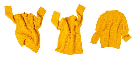 Cut out yellow orange flying women's autumn knitted sweater isolated on white background. With clipping path. Clothing concept, trendy fall winter cozy sweater pullover jersey