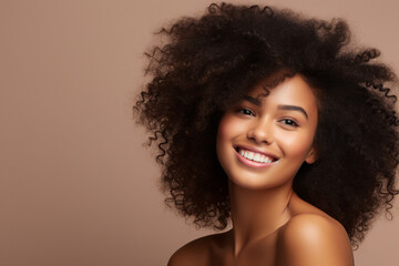 Generative AI illustration of attractive afro american model woman demonstrating hairdress dyed hair style volume chevelure