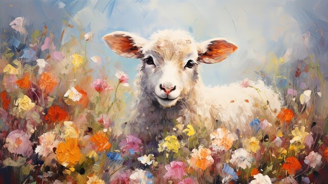 painting style illustration of cute baby sheep standing in wildflower field, happy animal life, Generative Ai