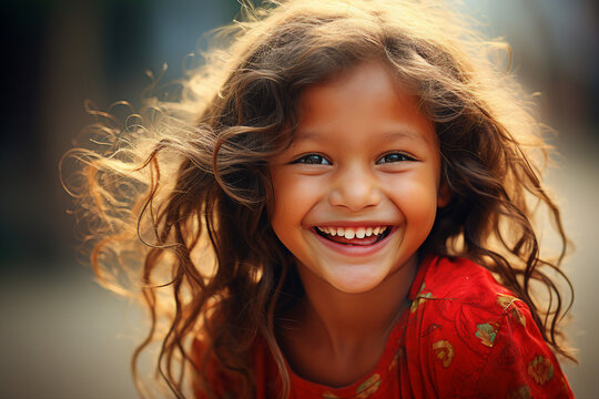 Generative AI picture of adorable pretty little girl smiling overjoyed portrait visit school firts september natural background