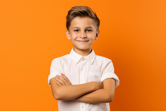 Generative ai photo collage of school pupil with crossed hands over color background