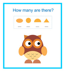 Math activity for kids. How many geometric shapes? Vector illustration of cartoon owl.