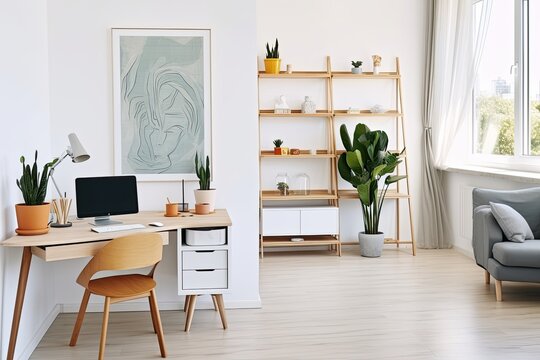 Modernly decorated bright room in a nice apartment with Scandinavian style, design furniture, plants, bamboo bookstand, wooden desk, brown parquet, and abstract painting on a white wall.