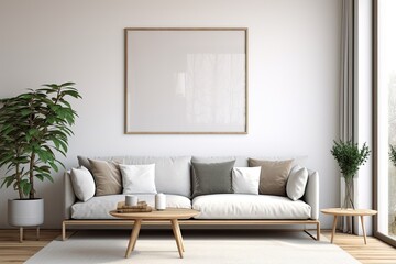 Scandinavian style living room with modern interior background showcasing a mock up poster frame.