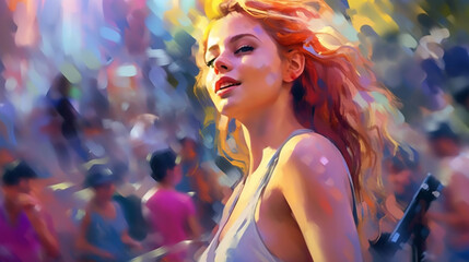 beautiful young woman at the disco, abstract impressionism style illustration. Generative AI.