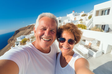 A happy elderly couple of tourists take a selfie against the backdrop of white villas and the...