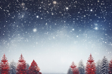  Blue and White Snowy Christmas Background with Snow-Covered Red and Green Pine Trees, Generative AI