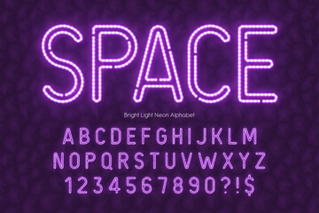 Neon light 3d alphabet, retro-futuristic original type.