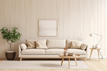 A Scandinavian style living room with a sofa placed against a plain cream wooden wall background. The image is created using rendering techniques.