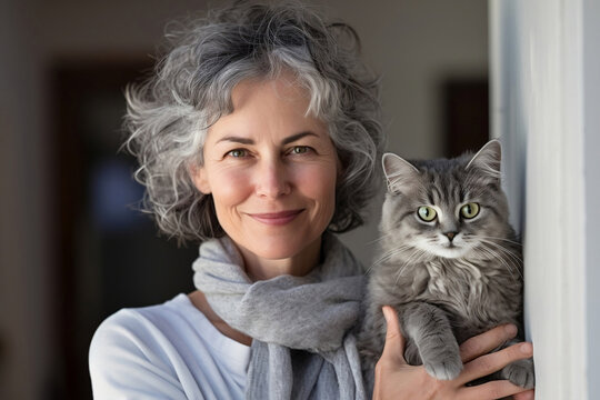 Beautiful smiling mature woman holding gray cat close up portrait