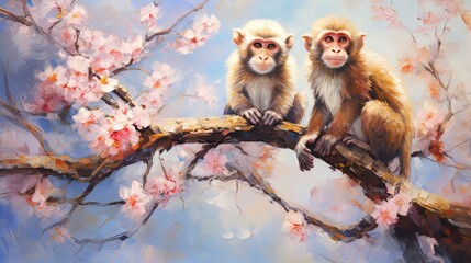 painting style illustration of two happy monkey on pink flower blossom tree, Generative Ai