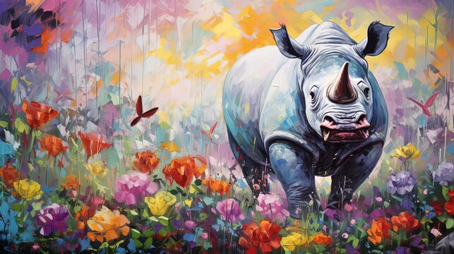 painting style illustration of big rhino walking in flower gardens, happy animal life, Generative Ai