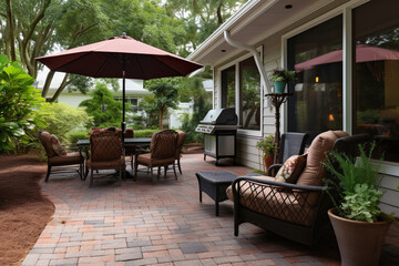 Obraz premium A cozy courtyard with a patio area, a country house, a villa. Soft sofas and armchairs in the yard.