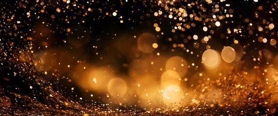 Glowing golden particles on a black background. The particles are of varying sizes and are scattered randomly. Shallow depth of field. Warm and festive vibes.