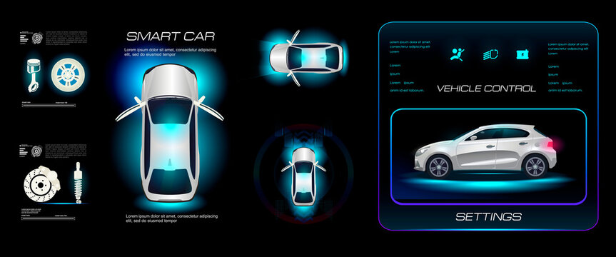 Concept smart car and unmanned control. Diagnostics car settings on holographic screen. Creative concept banner with beautiful realistic car