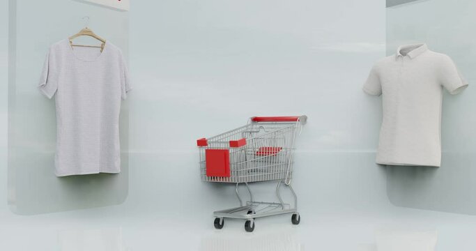 3D video illustration, with a trolley theme that moves and shows some plain t-shirts 