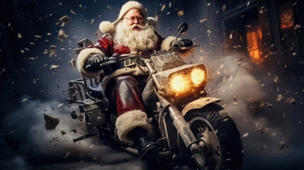 Der Weihnachtsmann rast auf seinem Motorrad mit hoher Geschwindigkeit durch die Nacht, um Geschenke auszuliefern - obrazy, fototapety, plakaty