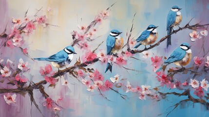 painting style illustration of three blue birds family on pink flower blossom tree, Generative Ai