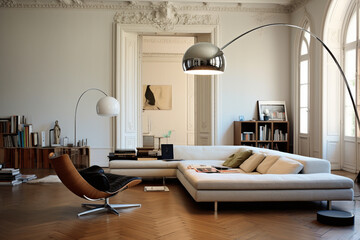 Living room interior with Arco Flos floor lamp.