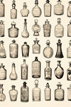 Vintage pattern of cosmetic, perfume, potion or medicine bottles. Generative AI. 