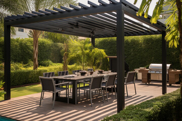 Cozy patio with sofas and a table. Pergola shade over patio.