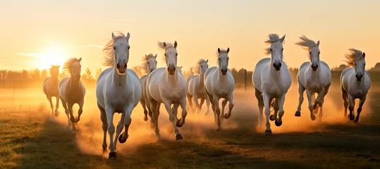 Tuinposter Strand zonsondergang A herd of white horses runs across the meadow at sunset.