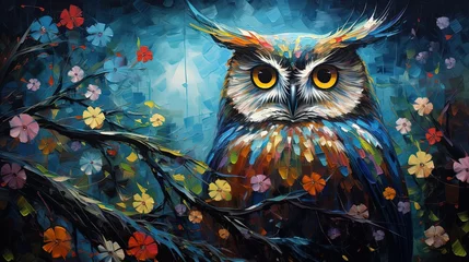 Fototapete Eulen-Cartoons painting style illustration of cute owl bird on pink flower tree branch, Generative Ai