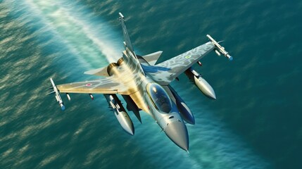 Fototapeta na wymiar Top view of a military jet fighter flying over the sea at super low altitude. Jet trail behind the plane. Territory patrol, military maneuvers, training flight. 3D rendering.