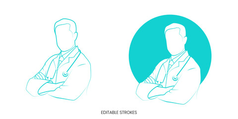 A male doctor line drawing art with arms crossed and a stethoscope, a white coat, an elegant healthcare worker from the hospital with editable strokes in turquoise blue