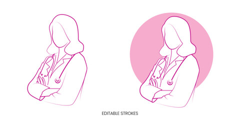 A female doctor line drawing art with arms crossed and a stethoscope, a white coat, an elegant healthcare worker or nurse from the hospital with pink colors and editable strokes