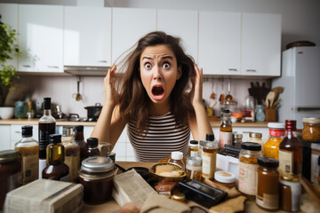 A young woman in the kitchen is horrified and hysterical from the amount of food for cooking dinner.