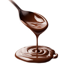 Molten dark chocolate cascading from a tilted spoon 