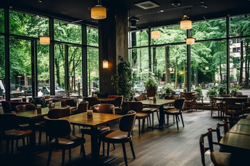 Large spacious empty cafe or restaurant with huge windows overlooking the garden.