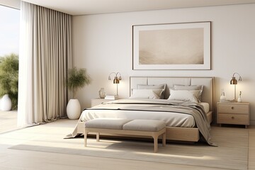 A render of a cozy beige bedroom interior with a mockup frame as the background.