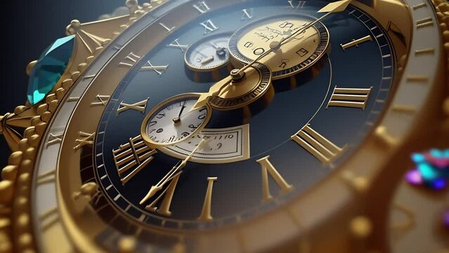 vintage clock made of solid gold and studded with precious stones, Extreme closeup