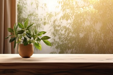 A warmtoned wood table serves as the background in a room with natural sunlight streaming in through a window, casting shadows of leaves on the wall. The indoor green plant in the foreground adds to