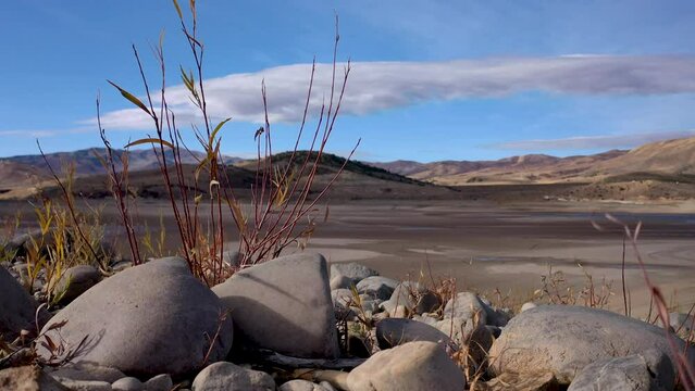 Static shot of dry lake bed and desert vegetation and a dry lake bed in arid western US on breezy day